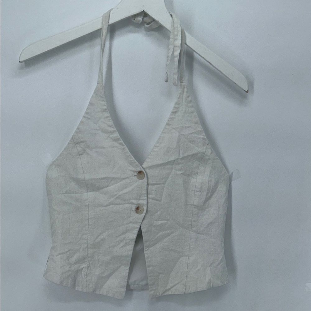 Bershka women’s Linen Blend Halter Crop Top Button Front White Size M - Picture 2 of 8